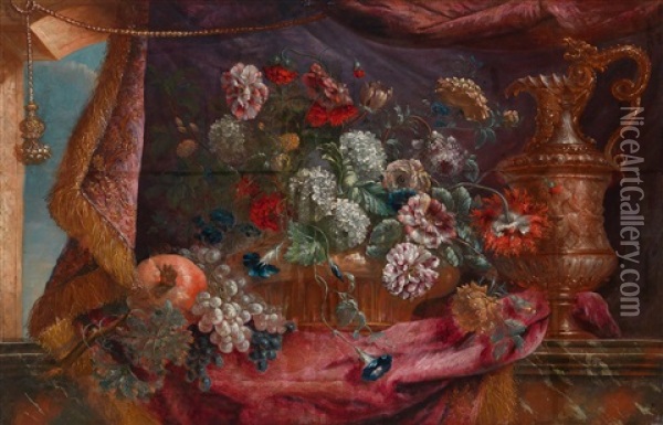 Ein Stillleben Von Blumen Und Fruchten Neben Einer Prunkkaraffe Auf Einer Marmorplatte Oil Painting - Pierre Nicolas Huilliot