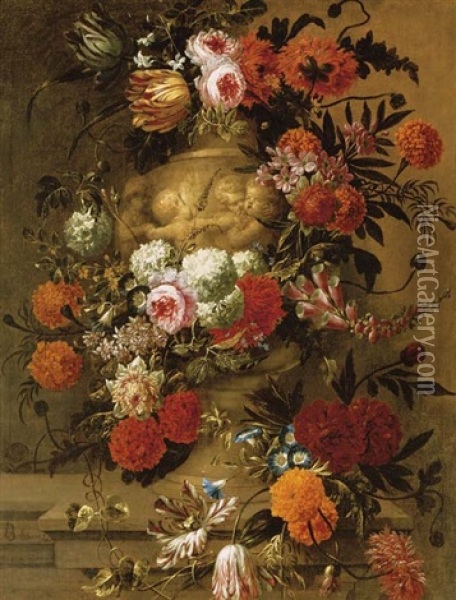 Flowers In A Terracotta Vase On A Stone Ledge Oil Painting - Jan-Baptiste Bosschaert
