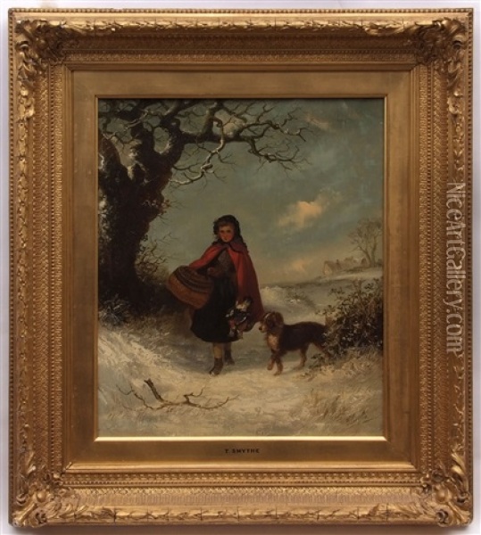 Winter Landscape With Young Girl Wearing Red Cloak Carrying Basket And Brace Of Partridge With Dog Oil Painting - Thomas Smythe