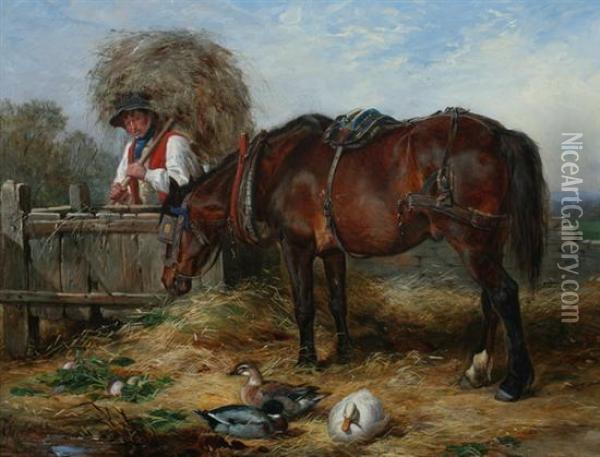 In The Strawyard Oil Painting - William H. Hopkins