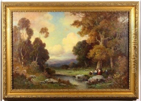Picnic Amongst The Trees With A Setting Sun Oil Painting - Alexis Matthew Podchernikoff