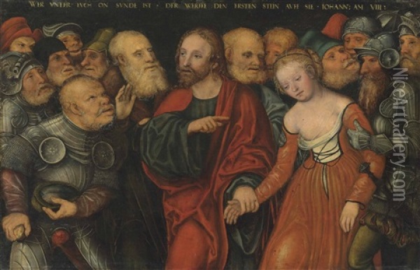 Christ And The Woman Taken In Adultery Oil Painting - Lucas Cranach the Younger