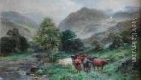 Highland Cattle Watering In A Mountain Stream Oil Painting - William Langley