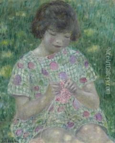 Child Knitting Oil Painting - Frederick Carl Frieseke