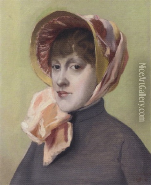 Portrait Of A Girl, Head And Shoulders, In A Pink Bonnet And Grey Coat Oil Painting - Jacques-Emile Blanche