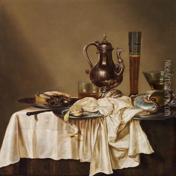 Still Life With Jug, Wine Glass And Pie On A Table Oil Painting - Willem Claesz. Heda