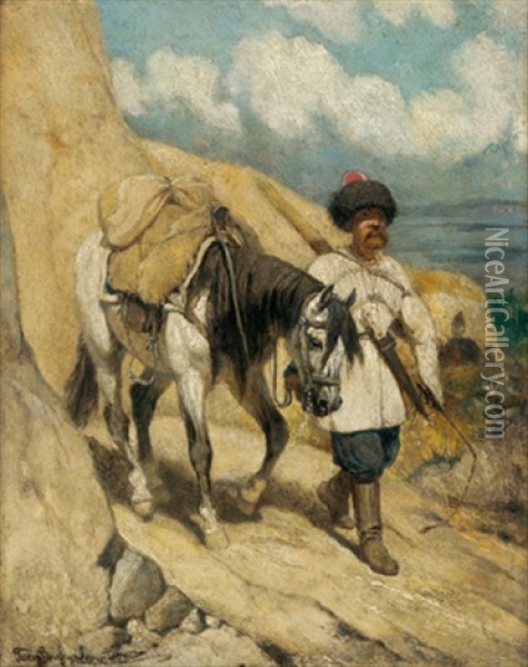 Ein Kosak Fuhrt Auf Einem Schmalen Bergpfad Sein Pferd Oil Painting - Anton (Josef A.) Strassgschwandtner