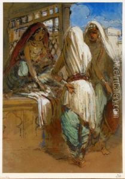 Sikh-kvinnor I Basaren - Indien Oil Painting - Egron Sellif Lundgren