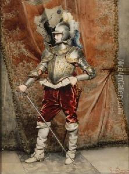 A Portrait Of A Cavalier, Full-length Oil Painting - Guiseppe Signorini