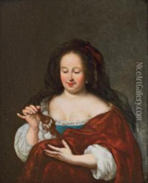 Bildnis Einer Dame Mit King-charles-spaniel Welpen Oil Painting - Frans van Mieris