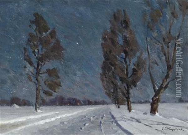 Winter Street At Night Oil Painting - Stanislaw Zukowski