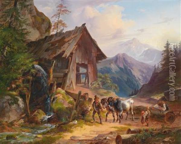 Viehtrieb Vor Einer Alten Muhle Oil Painting - Joseph Heike