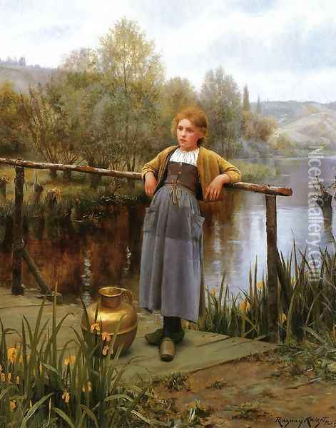 Young Girl By A Stream Oil Painting - Daniel Ridgway Knight
