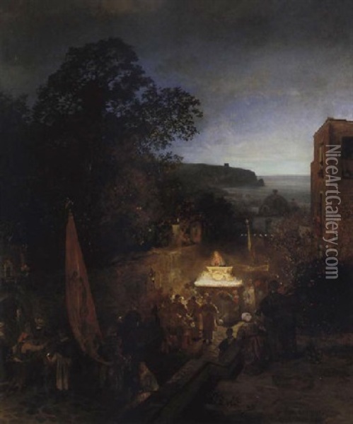 Die Prozession Der Hl. Anna Auf Capri Oil Painting - Oswald Achenbach