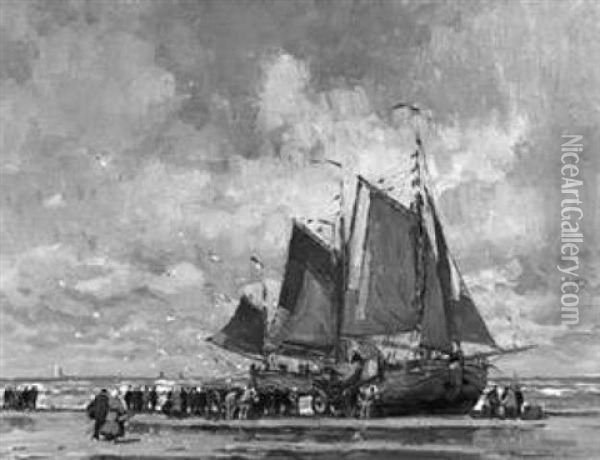 Fischer Bei Ihren Trocken Aufliegenden Booten Am Strand Von Katwijk Oil Painting - Wilhelm Hambuechen