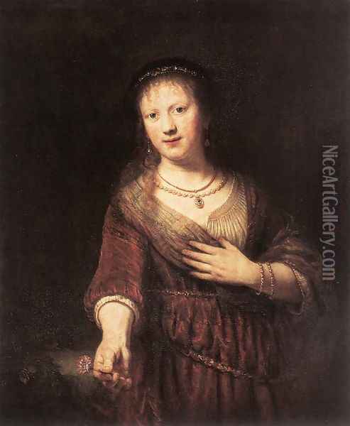 Portrait of Saskia with a Flower 1641 Oil Painting - Rembrandt Van Rijn