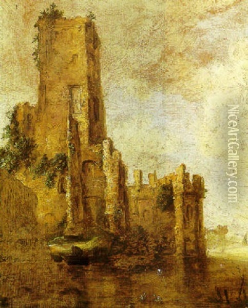 A River Landscape With A Figure In A Boat Before A Ruined Tower Oil Painting - Francois Van Knibbergen