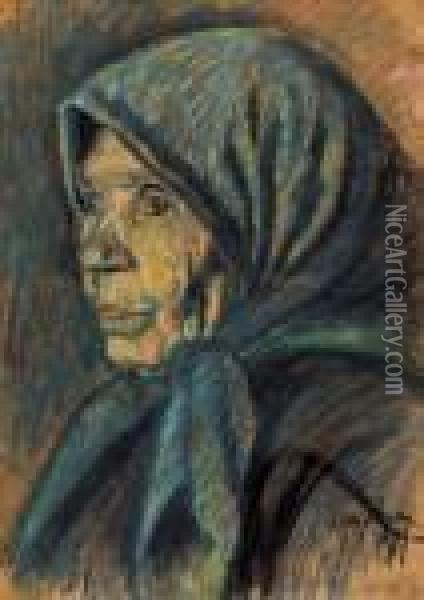 Woman With Blue Shawl Oil Painting - Istvan Nagy