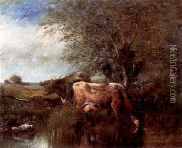 Cattle Drinking At A Pool In A Landscape Oil Painting - Jules Dupre