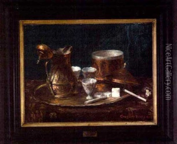 Still Life With Copper Tea Service And Burning Cigarette Oil Painting - Emerich Imre Greguss