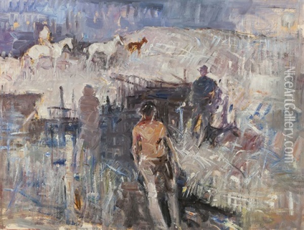 Figures And Horses In A Modernist Landscape Oil Painting - Lawrence Murphy