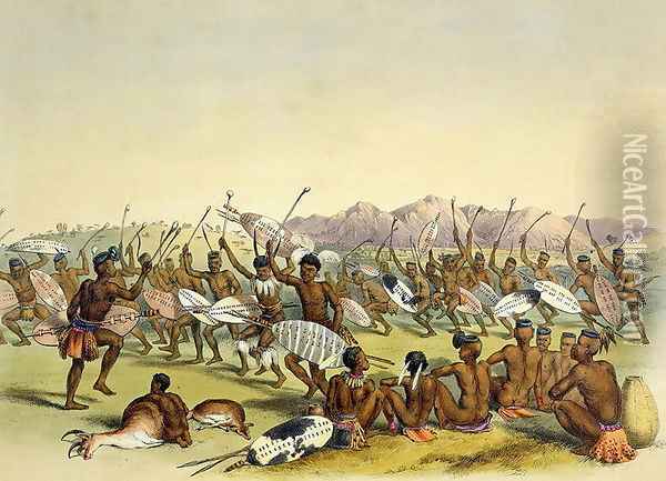Zulu Hunting Dance near the Engooi Mountains, plate 14 from 'The Kafirs Illustrated', 1849 Oil Painting - George French Angas