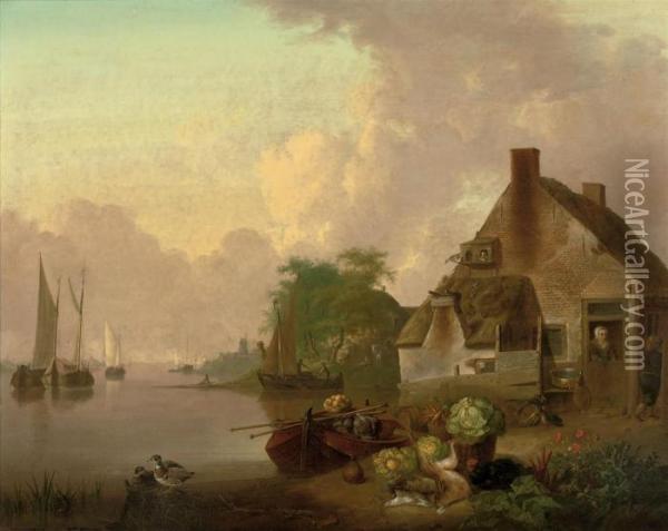 A River Landscape With A Cottage Oil Painting - Jan van Os
