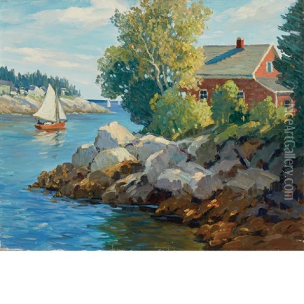 Red Cottage (new Harbor, Maine) Oil Painting - George J. Stengel