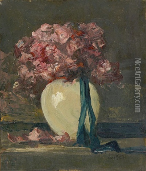Rosa Blumen In Weiser Vase Oil Painting - Anton Mueller-Wischin