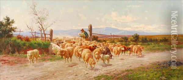 Sheepand Shepherd Boy In A Landscape Oil Painting - Alfredo De Simoni
