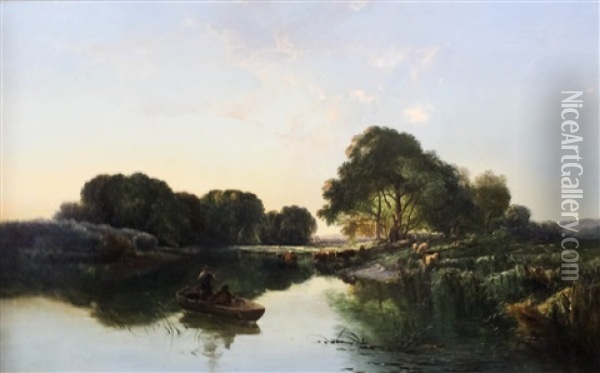 Extensive River Landscape Thought To Be Henley Reaches On The River Thames Oil Painting - Edward Charles Williams