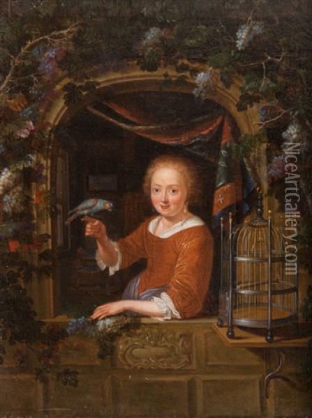 Jeune Fille A La Fenetre, Tenant Un Perroquet Oil Painting - Pieter Cornelisz van Slingeland