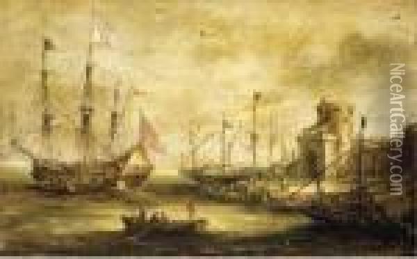 A Dutch Port With A Man-of-war Oil Painting - Bonaventura, the Elder Peeters