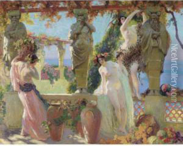 Harvesting Grapes On The Pergola Oil Painting - Paul Jean Gervais