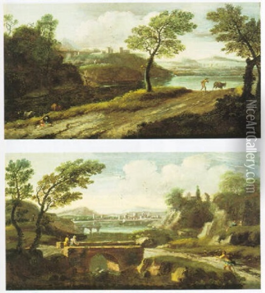 An Italianate River Landscape With A Man Driving A Donkey Down A Track Oil Painting - Giovanni Battista Busiri