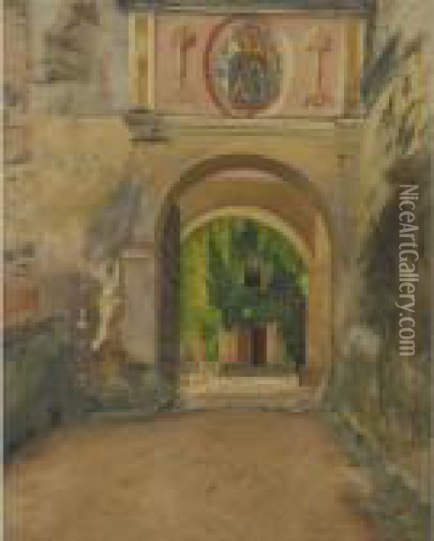 An Imposing Archway With A Coat-of-arms Oil Painting - Isidor Kaufmann