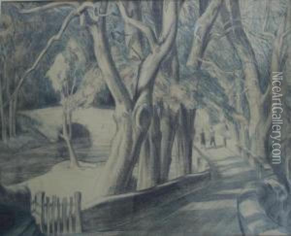 A Couple Walking On A Woodland Road Oil Painting - John Nash