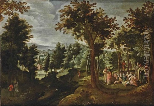 A Wooded Landscape With St. John The Baptist Preaching Oil Painting - Gillis Van Coninxloo III