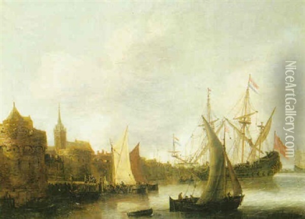 Vue De L'embarcadere D'une Ville Fluviale Hollandaise Oil Painting - Jan Abrahamsz. Beerstraten