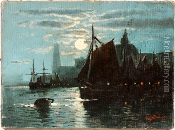 Ships In Moonlight Harbor Oil Painting - Johan Barthold Jongkind