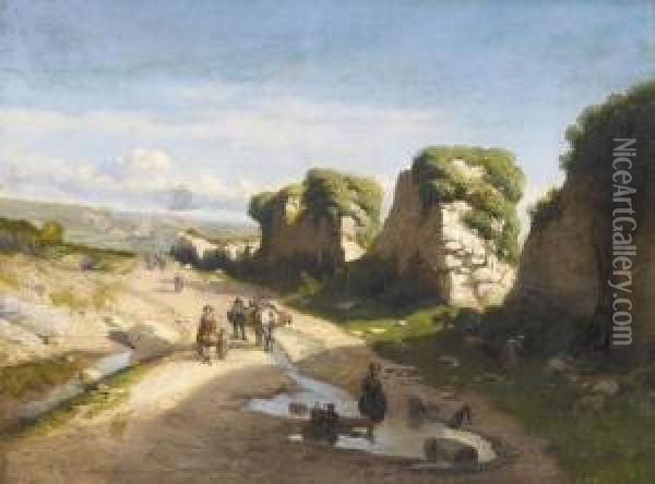 Belebte Landstrasse Mit Ruinenpartie. Oil Painting - Louis Verboeckhoven