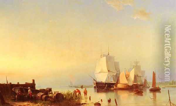 Three Mast Ships at Anchor Oil Painting - Johannes Hermanus Koekkoek Snr
