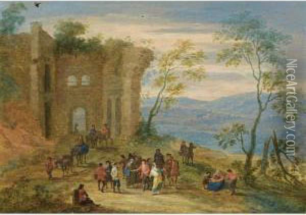 A Wooded Landscape With Gypsies,
 Horsemen And Travellers Conversing And Resting Near Ruins Oil Painting - Mattijs Schoevaerdts