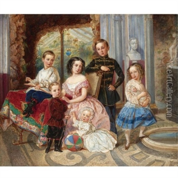 The Children Of The Duke Of Leutchtenberg By A Marble Pool Oil Painting - Vladimir Ivanovich Hau