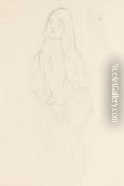 Sitzendes Madchen Nach Links, Kopfwiederholung. Oil Painting - Gustav Klimt