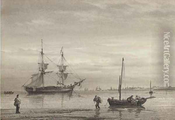 A trading brig lying at anchor off Yarmouth Oil Painting - William Joy