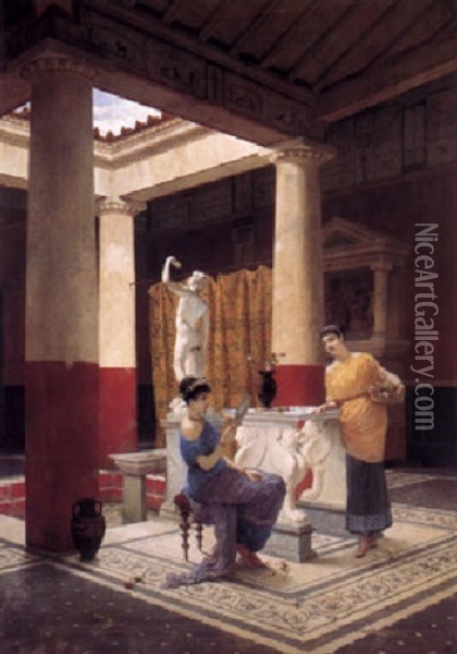 Maidens In A Classical Interior Oil Painting - Luigi Bazzani