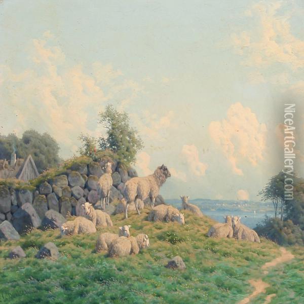 Summer Day With A Flock Of Grazing Sheep Oil Painting - Carl Frederick Bartsch