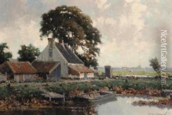 View Of A Farm By The Water Oil Painting - Gerardus Johannes Delfgaauw