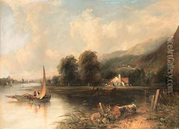 An extensive wooded River Landscape with fishermen in the foreground and cattle and a cottage beyond Oil Painting - Frederick Waters Watts